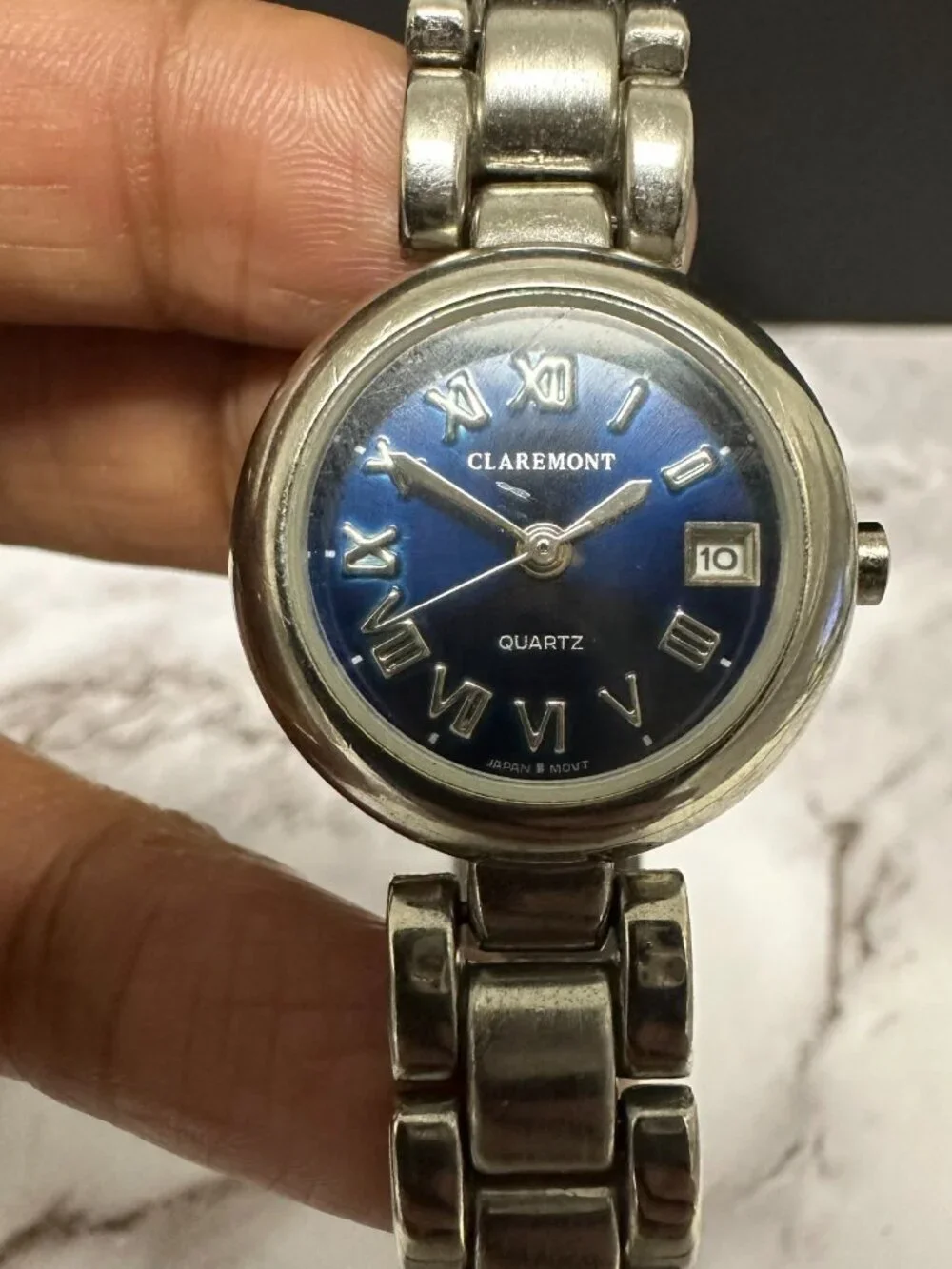 3/$30 Claremont Watch Women Silver Tone Blue Dial Date Window 24MM Round